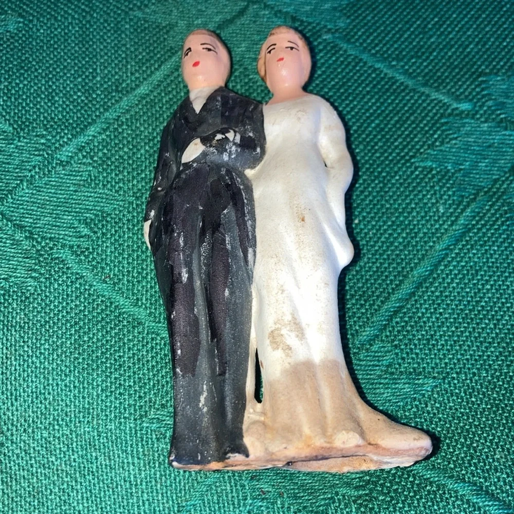 VINTAGE CAKE TOPPERS, 2 couples, 1 white porcelain w/gold, 1 rustic. $19
